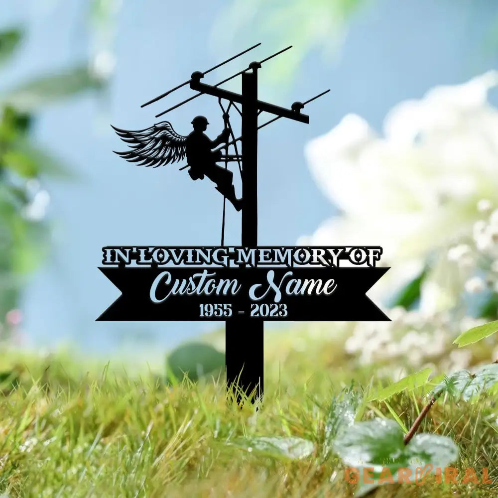 Custom Electrician Lineman with Wings Memorial Stake Lineman Memorial Sign Sympathy Sign Grave Marker Remembrance Stake