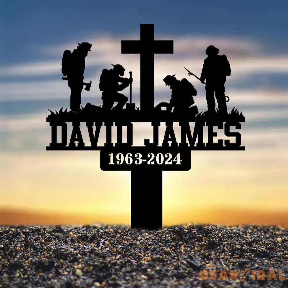 Custom Firefighter Kneeling In Cross Memorial Plaque Stake Personalized Firefighter Metal Sign Sympathy Gift Outdoor