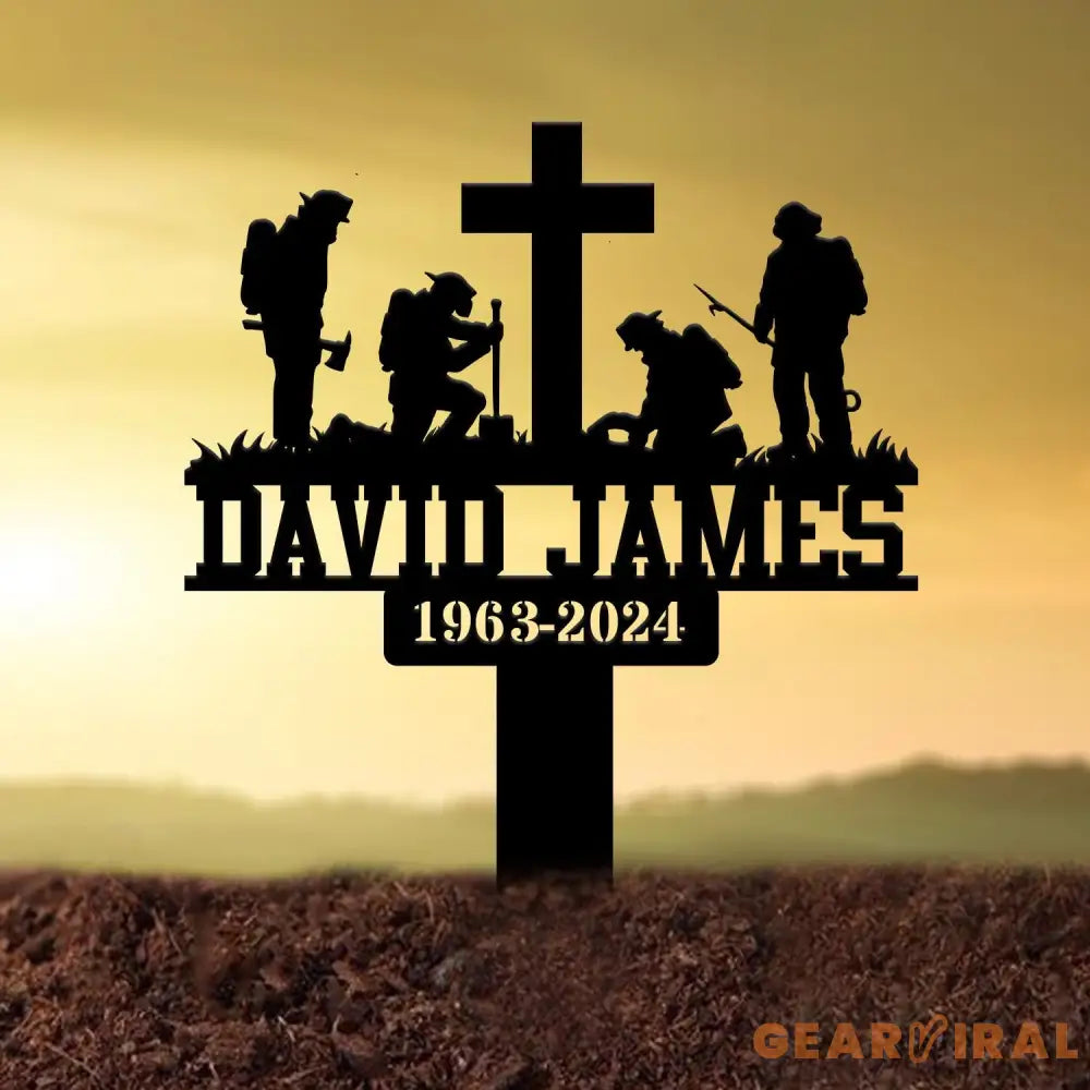 Custom Firefighter Kneeling In Cross Memorial Plaque Stake Personalized Firefighter Metal Sign Sympathy Gift Outdoor