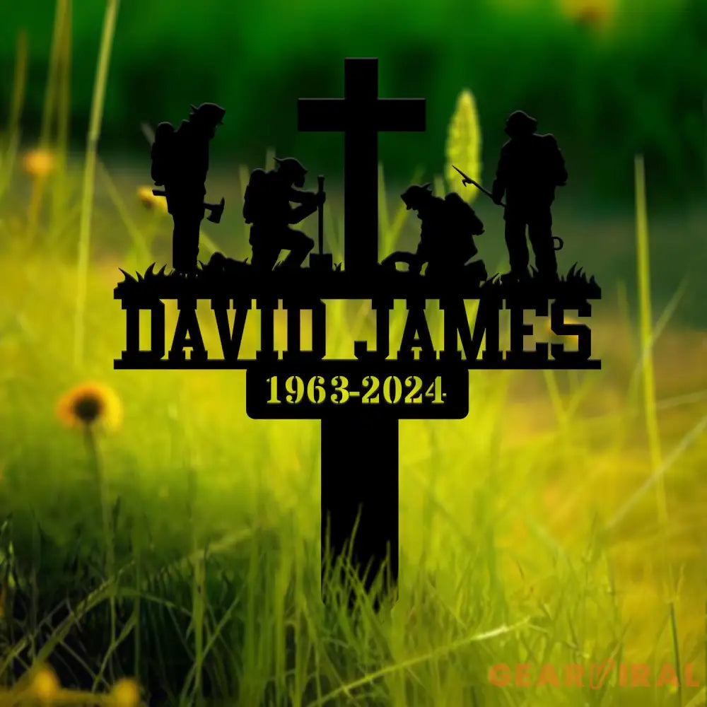 Custom Firefighter Kneeling In Cross Memorial Plaque Stake Personalized Firefighter Metal Sign Sympathy Gift Outdoor
