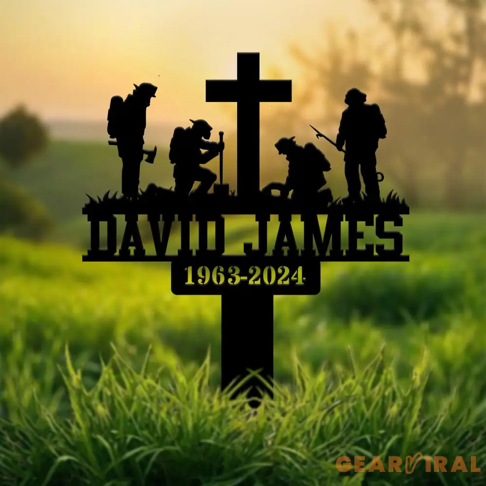 Custom Firefighter Kneeling In Cross Memorial Plaque Stake Personalized Firefighter Metal Sign Sympathy Gift Outdoor