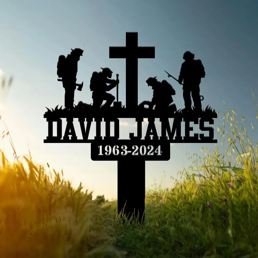 Custom Firefighter Kneeling In Cross Memorial Plaque Stake Personalized Firefighter Metal Sign Sympathy Gift Outdoor