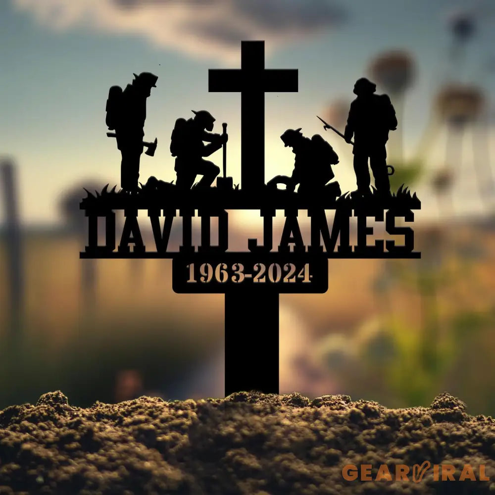Custom Firefighter Kneeling In Cross Memorial Plaque Stake Personalized Firefighter Metal Sign Sympathy Gift Outdoor
