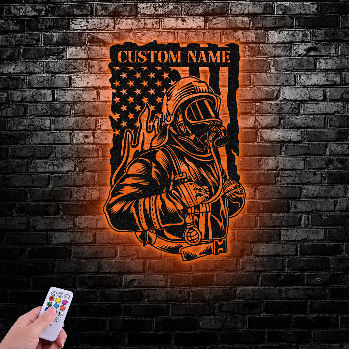 Custom Firefighter US Flag Metal Wall Art LED Light, Fire Department Decoration, Firewoman Appreciation Gift - Gearviral