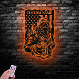 Custom Firefighter US Flag Metal Wall Art LED Light, Fire Department Decoration, Firewoman Appreciation Gift - Gearviral