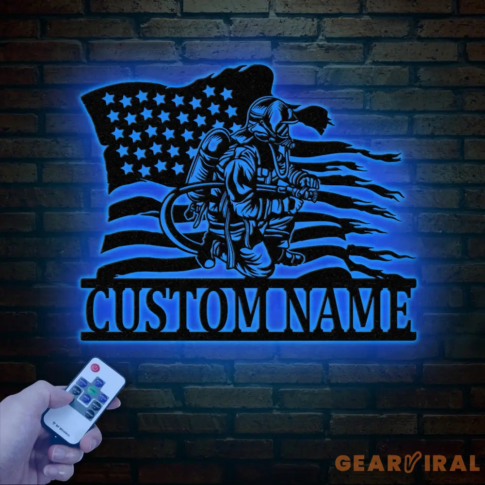 Custom Firefighter US Flag Metal Wall Art with LED Light Personalized Fireman Name Sign Fire Department Decor for Home