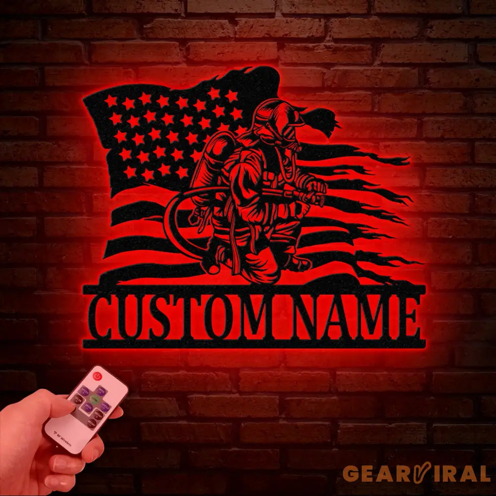 Custom Firefighter US Flag Metal Wall Art with LED Light Personalized Fireman Name Sign Fire Department Decor for Home