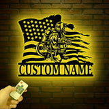 Custom Firefighter US Flag Metal Wall Art with LED Light Personalized Fireman Name Sign Fire Department Decor for Home