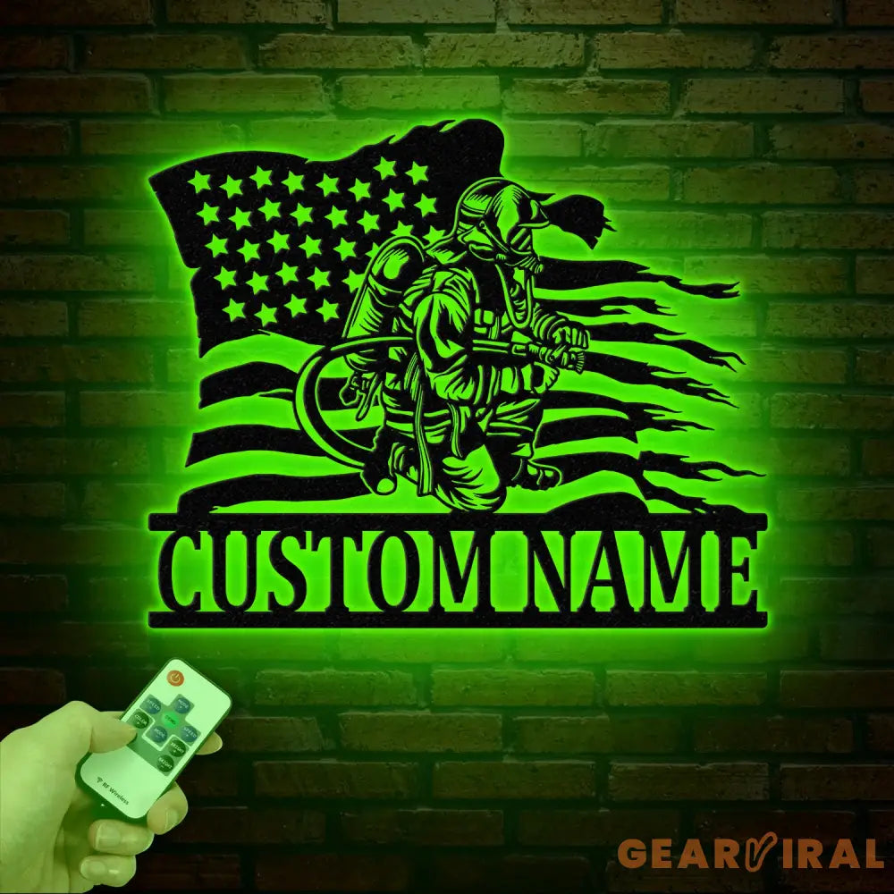 Custom Firefighter US Flag Metal Wall Art with LED Light Personalized Fireman Name Sign Fire Department Decor for Home