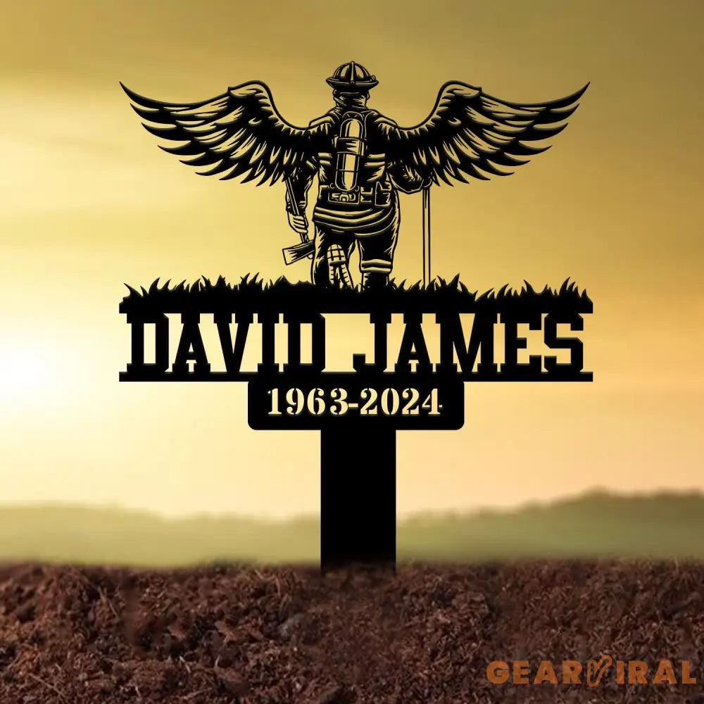 Custom Firefighter with Angels Wings Memorial Plaque Stake Personalized Firefighter Metal Sign Sympathy Gift Outdoor