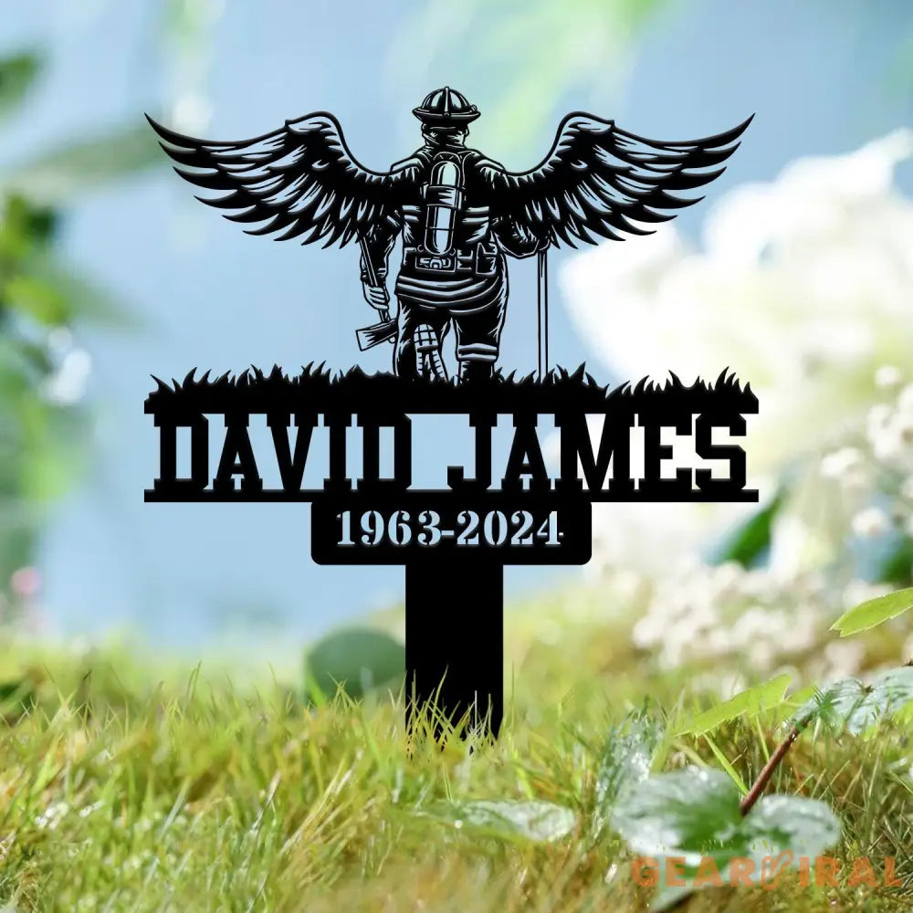 Custom Firefighter with Angels Wings Memorial Plaque Stake Personalized Firefighter Metal Sign Sympathy Gift Outdoor