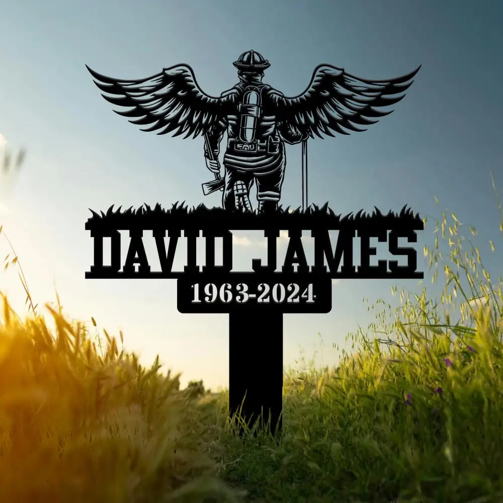 Custom Firefighter with Angels Wings Memorial Plaque Stake Personalized Firefighter Metal Sign Sympathy Gift Outdoor