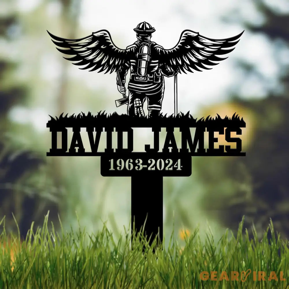 Custom Firefighter with Angels Wings Memorial Plaque Stake Personalized Firefighter Metal Sign Sympathy Gift Outdoor