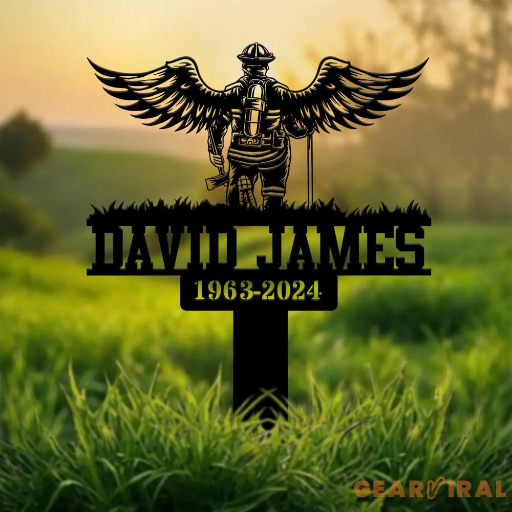 Custom Firefighter with Angels Wings Memorial Plaque Stake Personalized Firefighter Metal Sign Sympathy Gift Outdoor