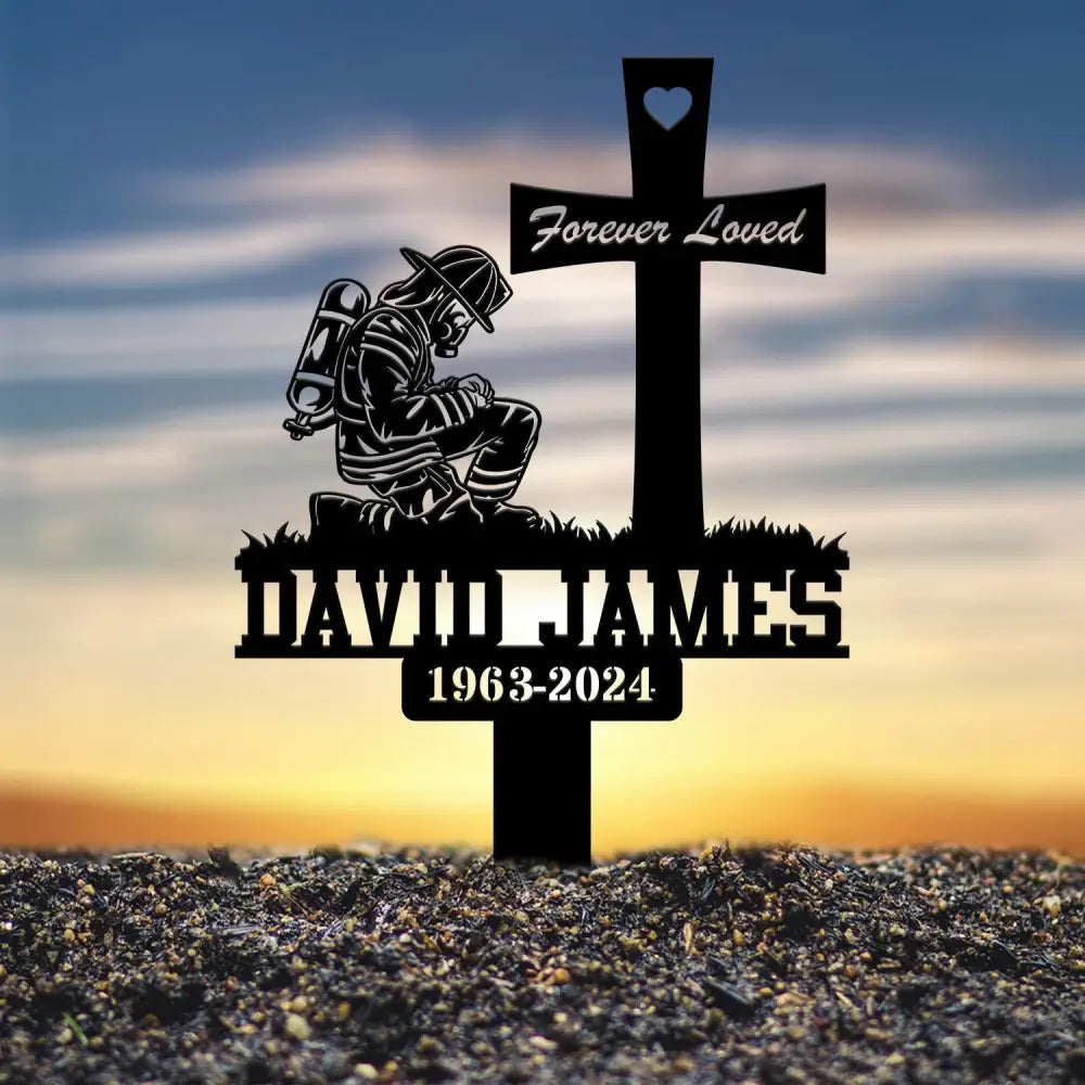 Custom Fireman Kneeling Memorial Metal Stake Firefighter Memorial Plaque FireFighter Sign Firefighter Grave Maker