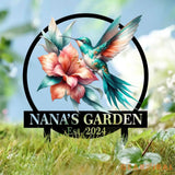Custom Floral Blue Hummingbird Garden Sign Personalized Name Garden Stake Metal Garden Sign Gardener Name Sign Gardener