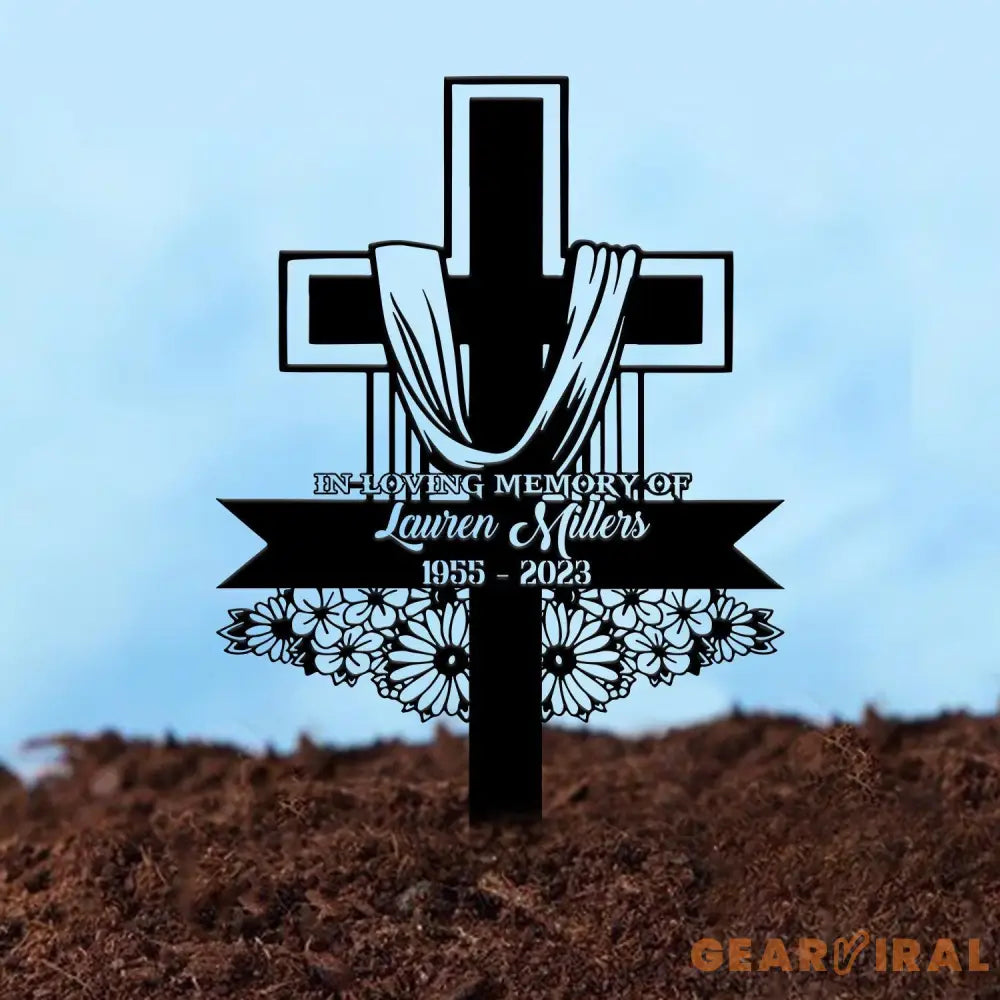Custom Floral Cross Memorial Metal Stake Cross Memorial Plaque with Stake Sympathy Sign Grave Marker Remembrance Stake