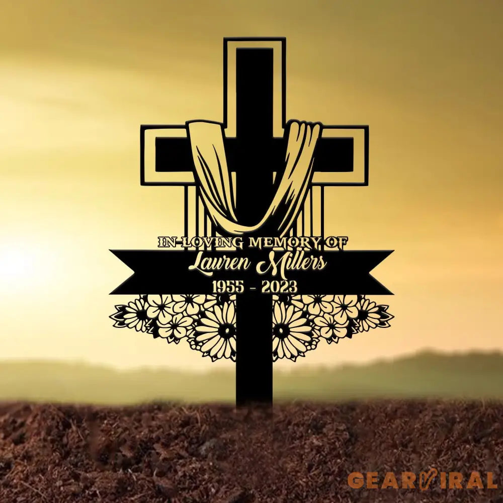 Custom Floral Cross Memorial Metal Stake Cross Memorial Plaque with Stake Sympathy Sign Grave Marker Remembrance Stake