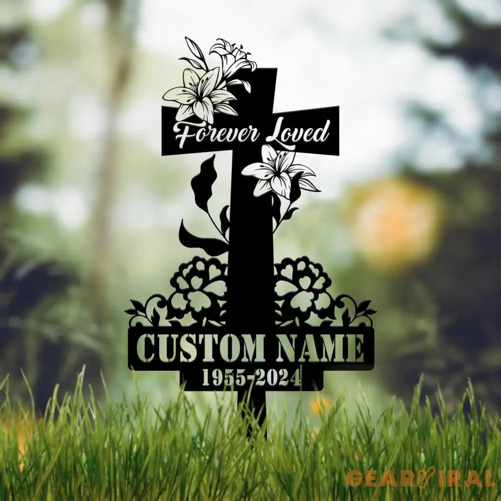 Custom Floral Cross Memorial Metal Stake Cross Memorial Plaque with Stake Sympathy Sign Grave Marker Remembrance Stake