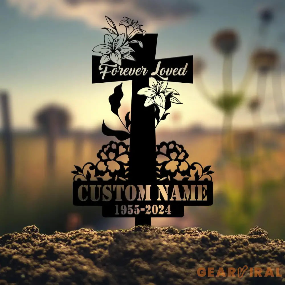 Custom Floral Cross Memorial Metal Stake Cross Memorial Plaque with Stake Sympathy Sign Grave Marker Remembrance Stake