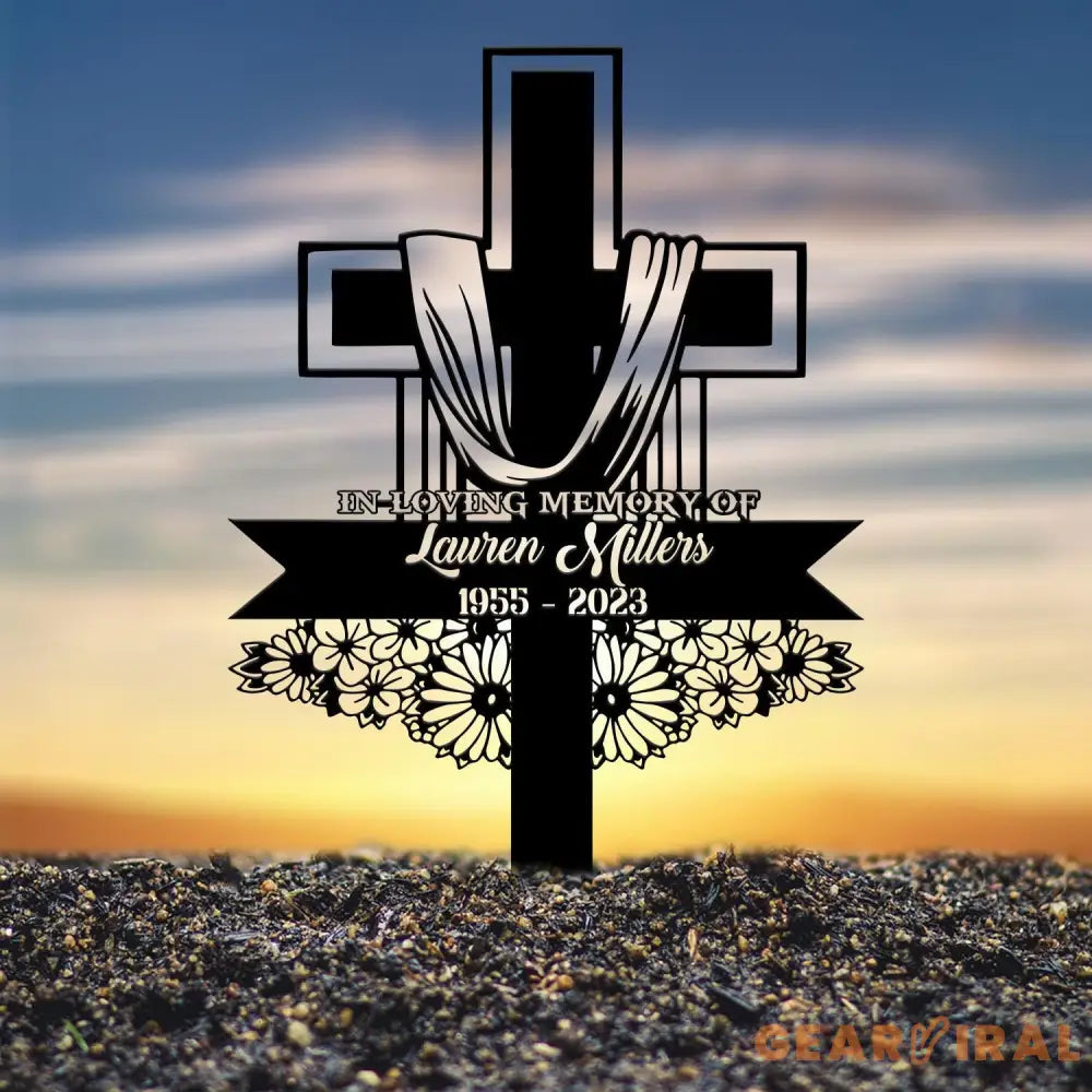 Custom Floral Cross Memorial Metal Stake Cross Memorial Plaque with Stake Sympathy Sign Grave Marker Remembrance Stake