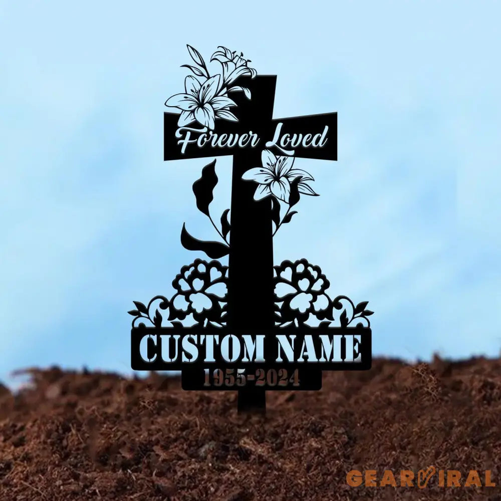 Custom Floral Cross Memorial Metal Stake Cross Memorial Plaque with Stake Sympathy Sign Grave Marker Remembrance Stake
