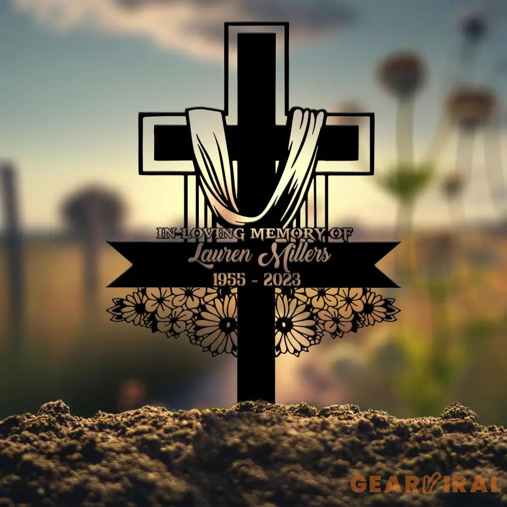 Custom Floral Cross Memorial Metal Stake Cross Memorial Plaque with Stake Sympathy Sign Grave Marker Remembrance Stake