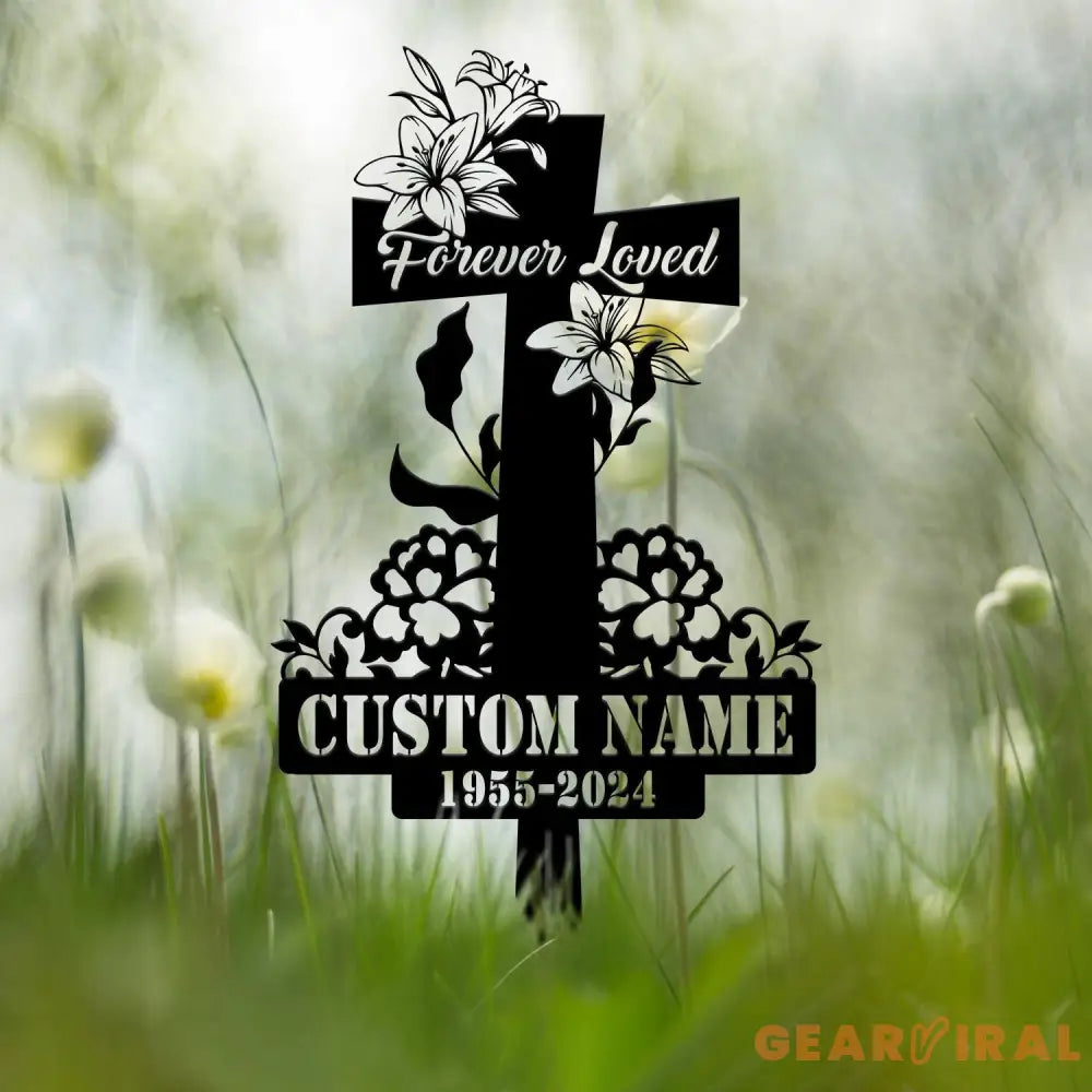 Custom Floral Cross Memorial Metal Stake Cross Memorial Plaque with Stake Sympathy Sign Grave Marker Remembrance Stake