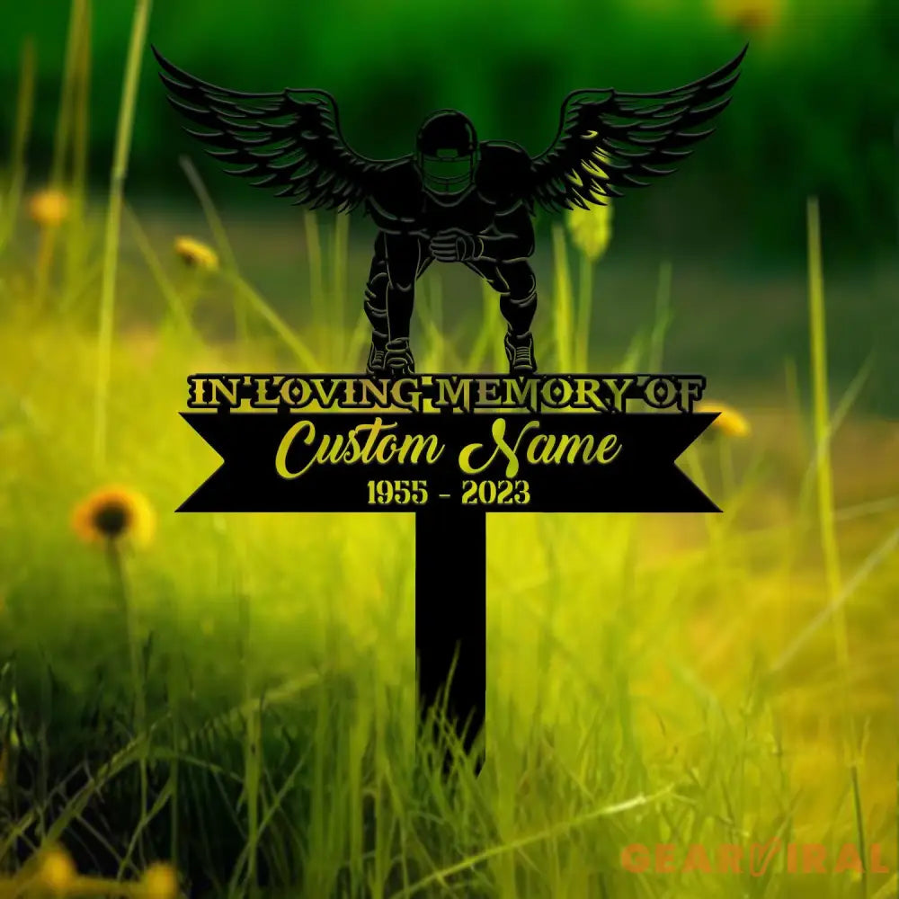 Custom Football Player with Angels Wings Memorial Plaque Stake Personalized Football Metal Cross Sign Sympathy Gift