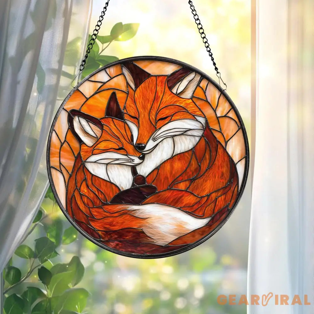 Custom Fox Family Stained Glass Suncatcher Personalized Mother’s Day Gift Animal Family Window Art Nature Decor Gift