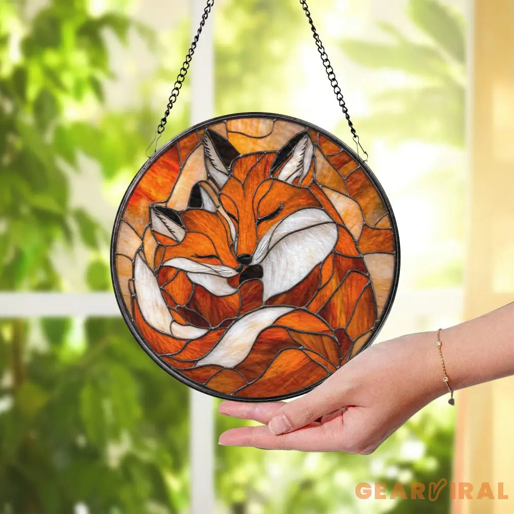 Custom Fox Family Stained Glass Suncatcher Personalized Mother’s Day Gift Nature Window Art Gift for Mom Custom Animal