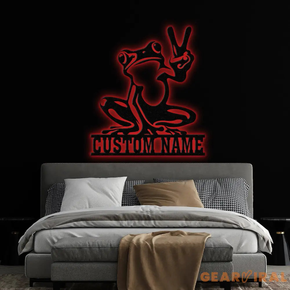 Custom Frog Peace Metal Sign with Led Lights Frog Wall Art Frog Decor Lake House Sign Personalized Frog Name Sign