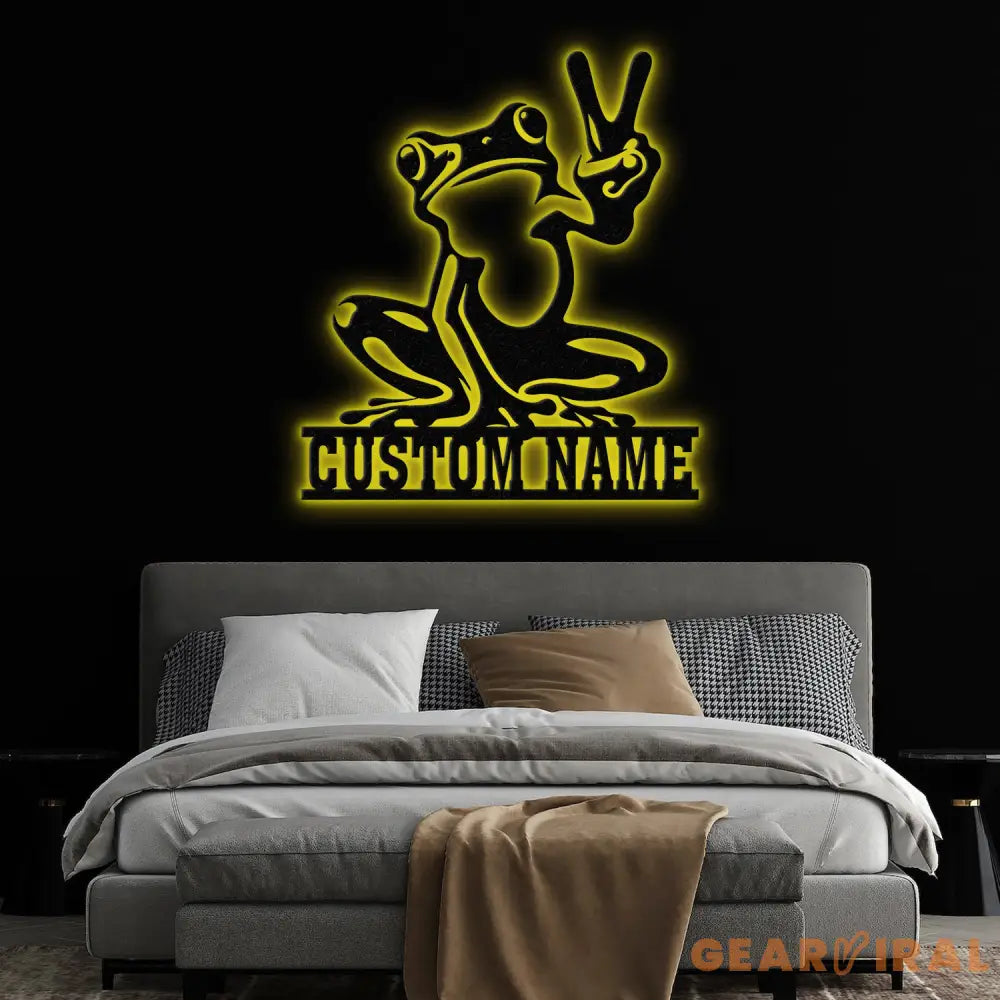 Custom Frog Peace Metal Sign with Led Lights Frog Wall Art Frog Decor Lake House Sign Personalized Frog Name Sign