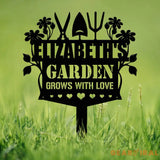Custom Garden Tools Yard Stake Personalized Grows With Love Garden Metal Sign Outdoor Garden Sign Garden Decor Gardener