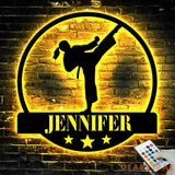 Custom Girl Taekwondo Martial Arts Metal Wall Art with LED Light - Personalized Kid Tae Kwon Do Name Sign Home