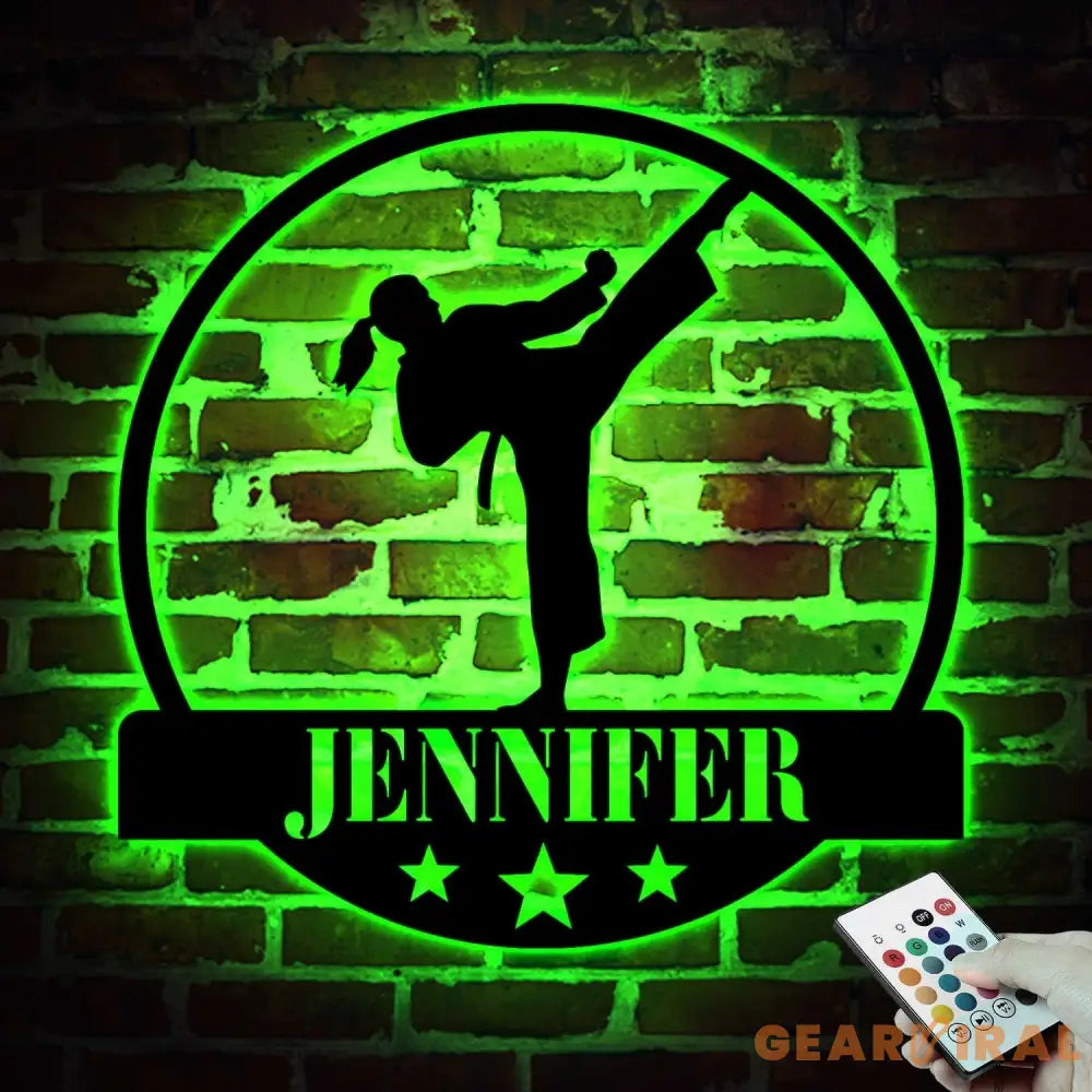 Custom Girl Taekwondo Martial Arts Metal Wall Art with LED Light - Personalized Kid Tae Kwon Do Name Sign Home