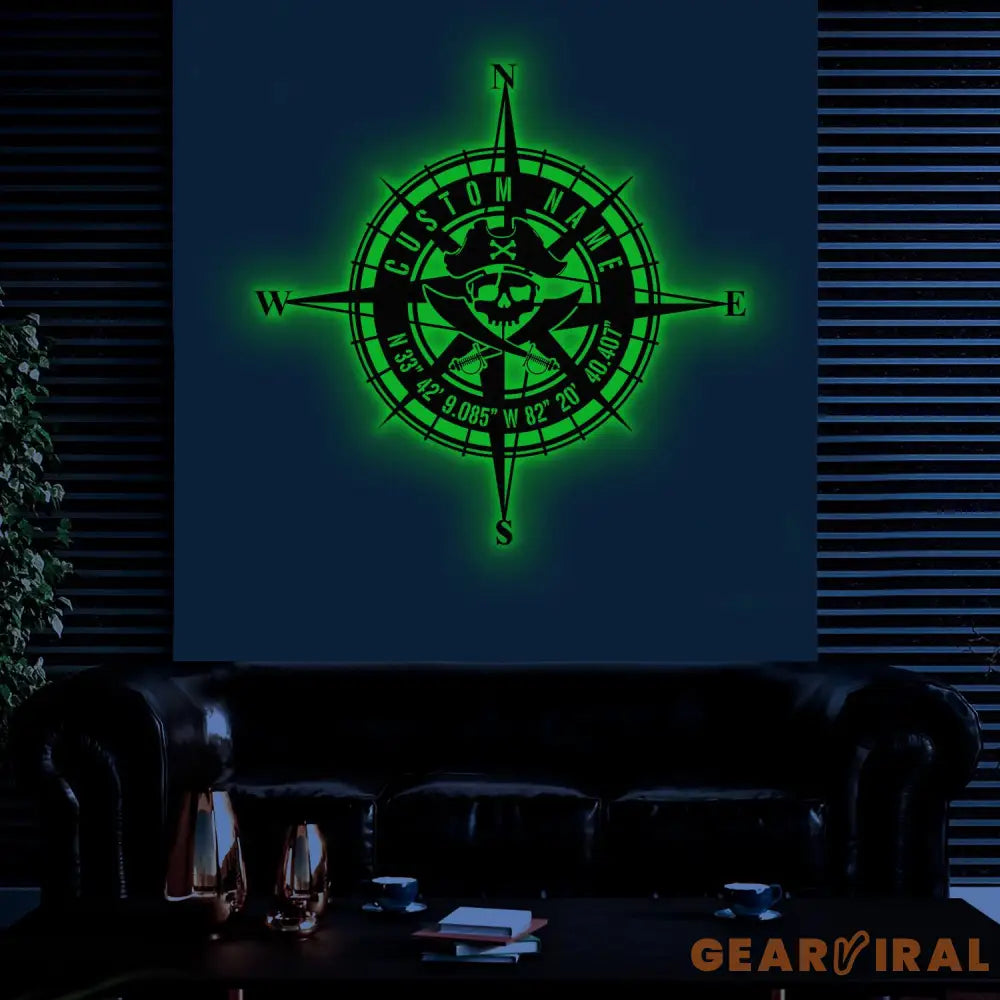 Custom GPS Skull Prirate Compass Metal Sign with LED Light Personalized Coordinates Sign Nautical Decoration