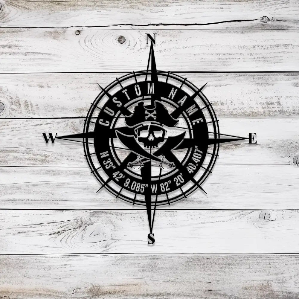 Custom GPS Skull Prirate Compass Metal Sign with LED Light Personalized Coordinates Sign Nautical Decoration