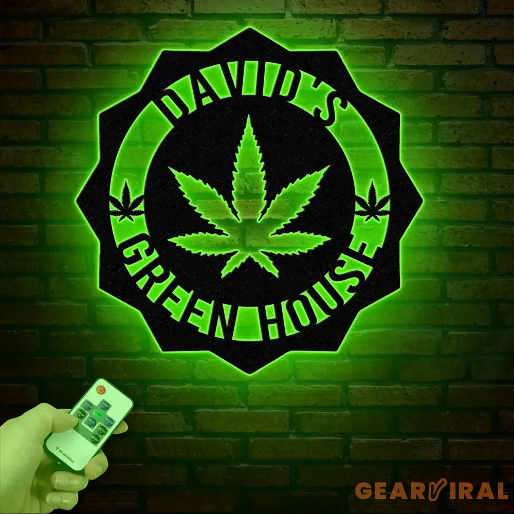 Custom Green House Metal Wall Art with LED Light - Personalized Marijuana Name Sign - Cannabis Home Decor - Smoker