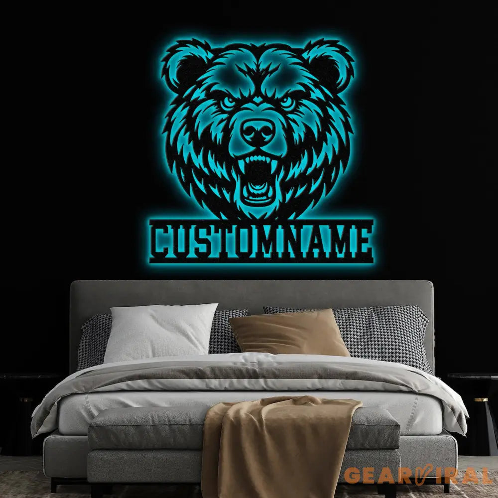 Custom Grizzly Bear Metal Sign with LED Light Personalized Angry Bear Name Sign Bear Roar Wild Animal Bedroom