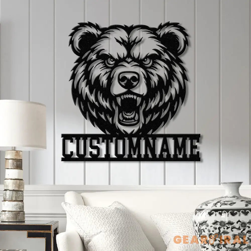 Custom Grizzly Bear Metal Sign with LED Light Personalized Angry Bear Name Sign Bear Roar Wild Animal Bedroom