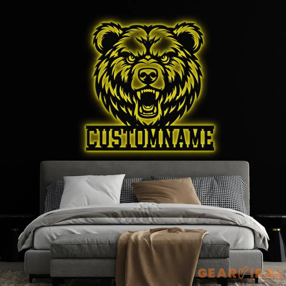 Custom Grizzly Bear Metal Sign with LED Light Personalized Angry Bear Name Sign Bear Roar Wild Animal Bedroom