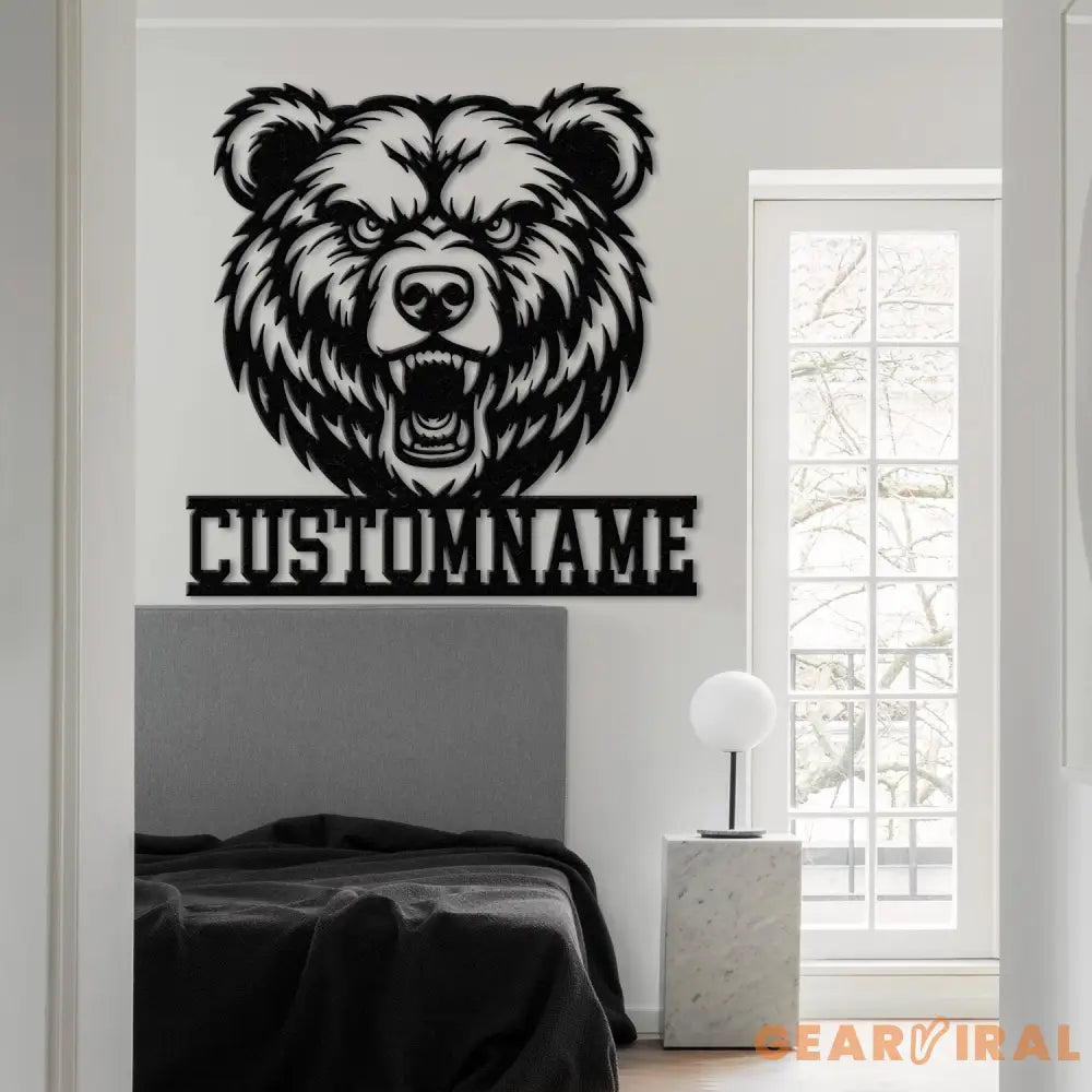 Custom Grizzly Bear Metal Sign with LED Light Personalized Angry Bear Name Sign Bear Roar Wild Animal Bedroom