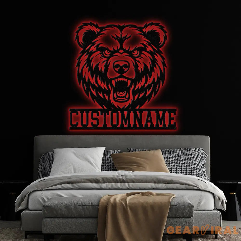 Custom Grizzly Bear Metal Sign with LED Light Personalized Angry Bear Name Sign Bear Roar Wild Animal Bedroom
