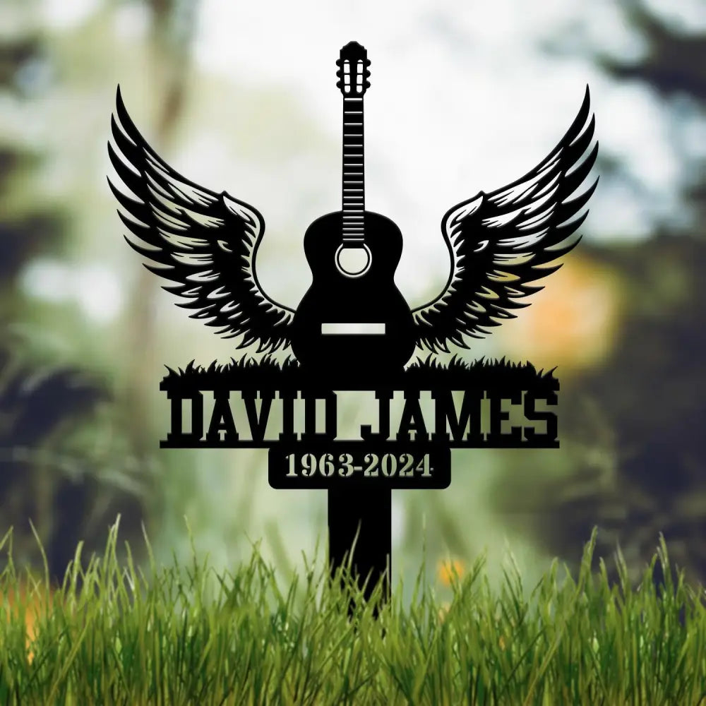 Custom Guitar with Wings Memorial Stake Personalized Guitar Memorial Plaque Sympathy Sign Grave Marker Remembrance Stake