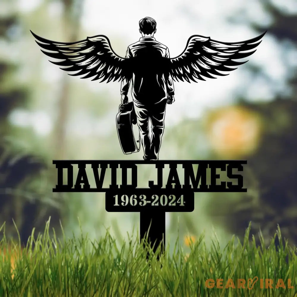 Custom Guitarist Walking With Wings Musician Memorial Stake Metal Stake Sympathy Sign Grave Marker Remembrance Stake
