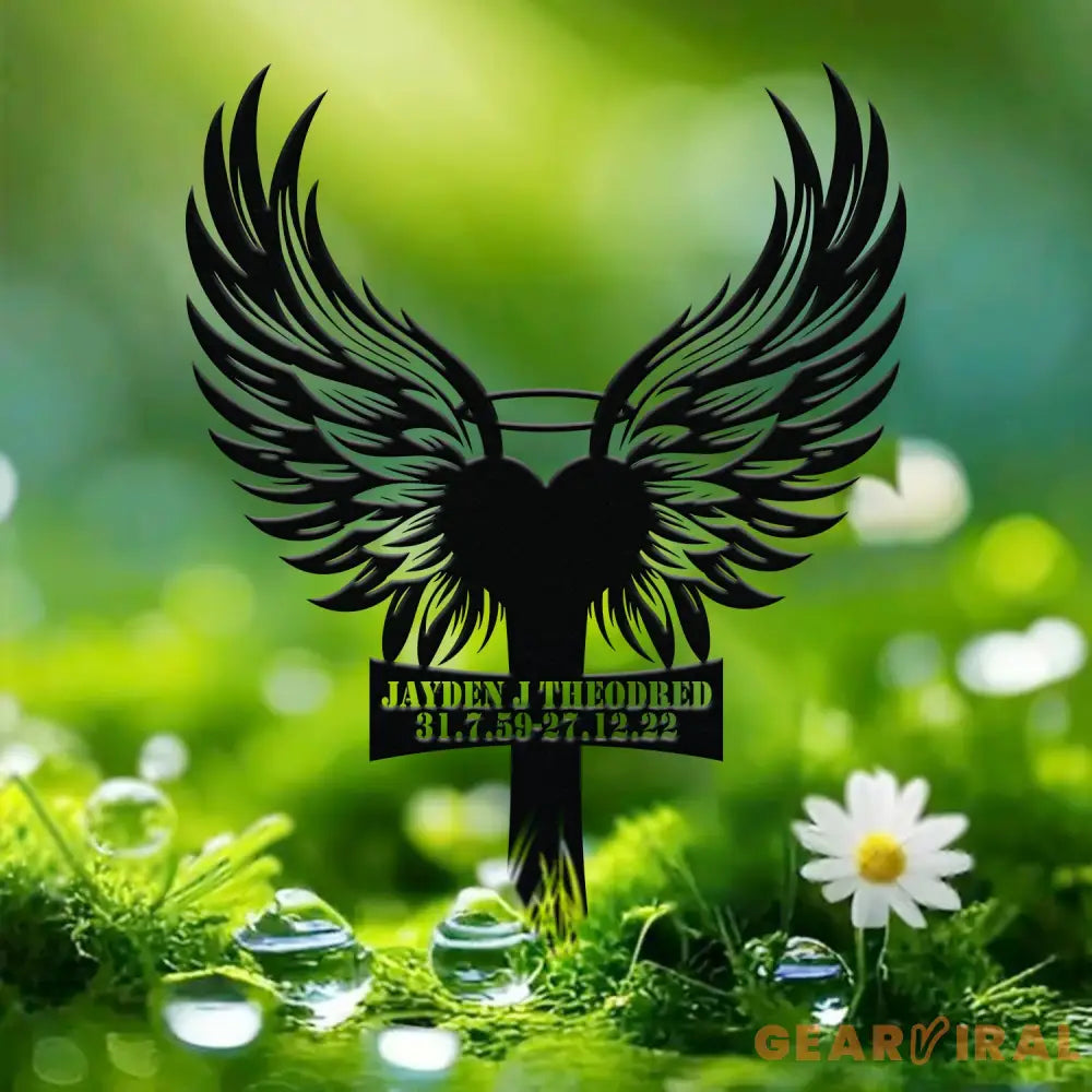 Custom Heart with Angels Wings Memorial Cross Stake In Memory Cross Grave Marker Custom Cross Stake Sympathy Gift