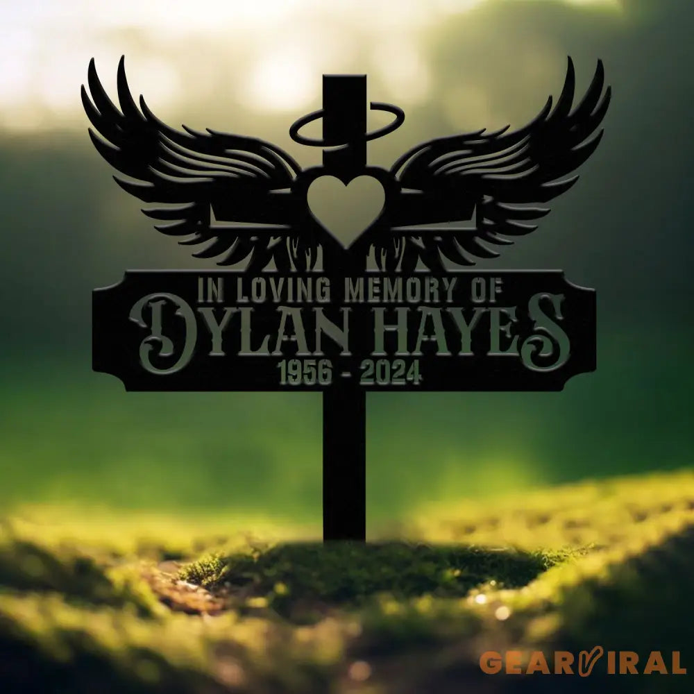 Custom Heart with Angels Wings Memorial Cross Stake In Memory Cross Grave Marker Custom Cross Stake Sympathy Gift