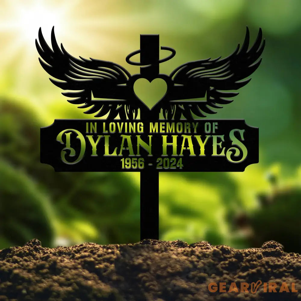 Custom Heart with Angels Wings Memorial Cross Stake In Memory Cross Grave Marker Custom Cross Stake Sympathy Gift