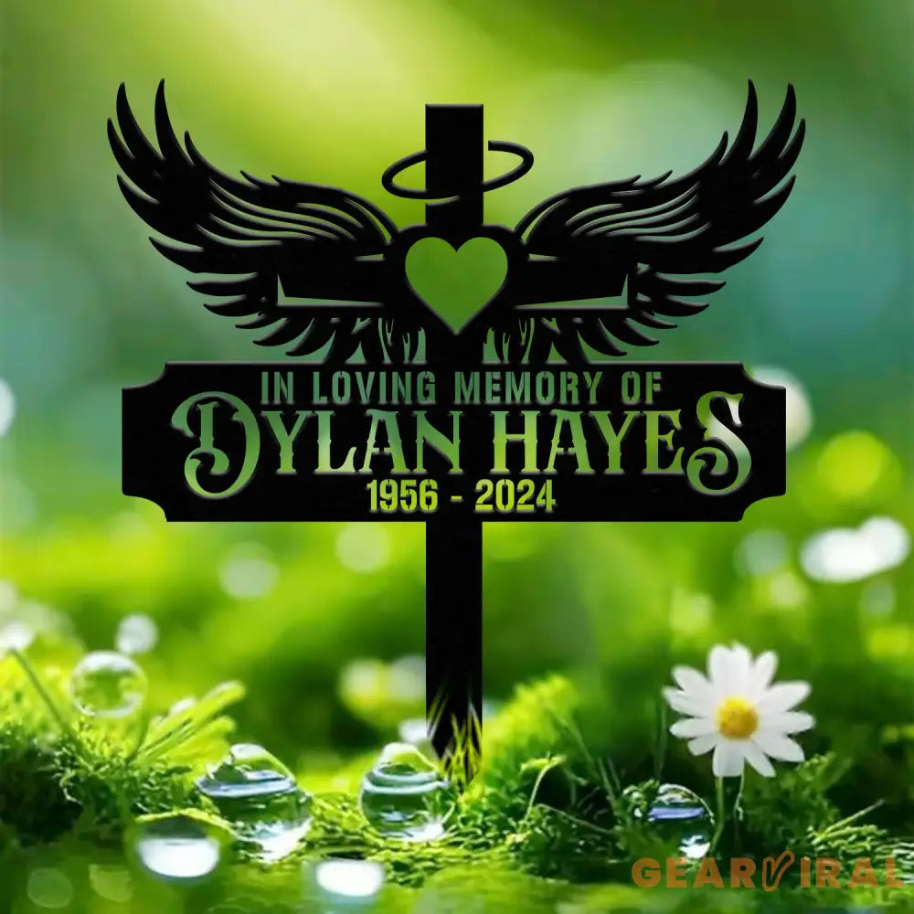 Custom Heart with Angels Wings Memorial Cross Stake In Memory Cross Grave Marker Custom Cross Stake Sympathy Gift